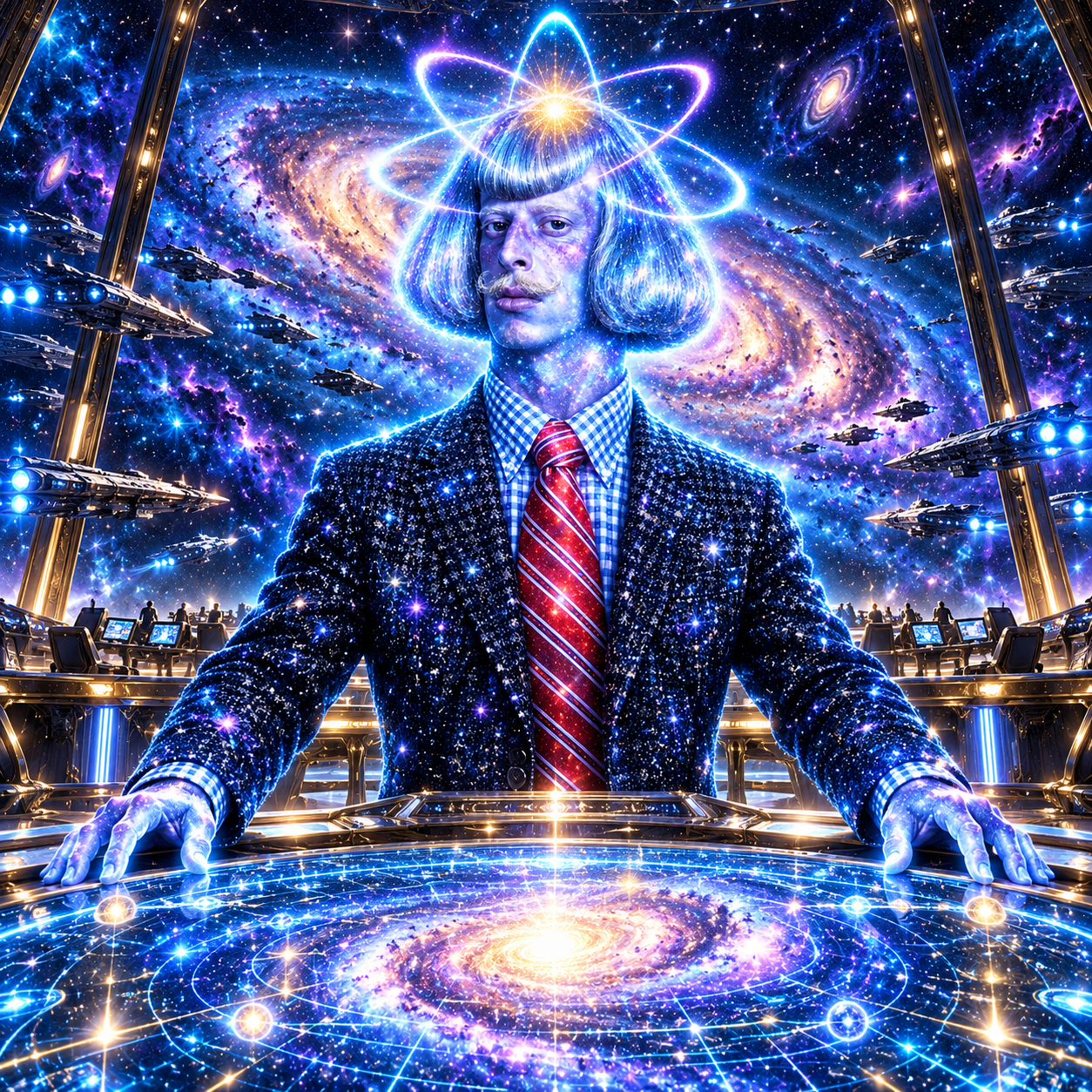 Quantum Phil at a cosmic command table surrounded by spaceships