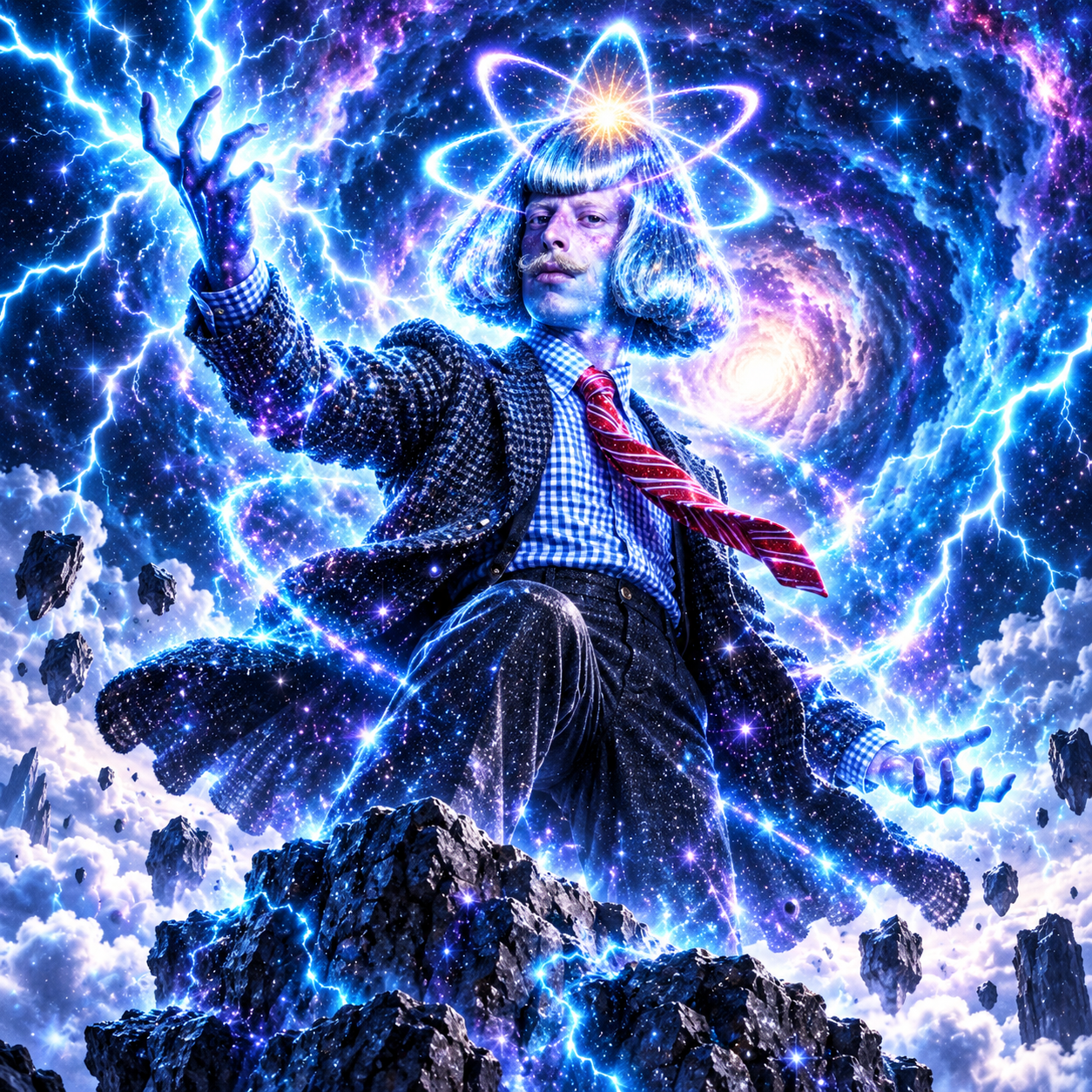 Quantum Phil summoning cosmic lightning among floating rocks