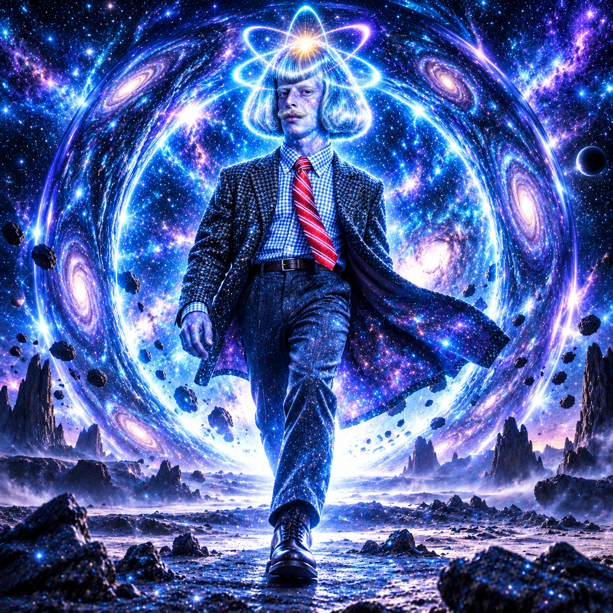Quantum Phil walking through a galactic portal on an alien world
